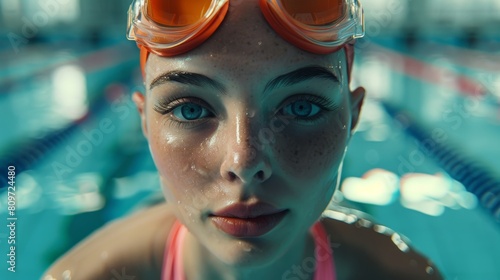 Professional swimmer in swimming pool, wearing cap, putting on goggles, looking confident at camera, ready to win the championship, set new world record. Close-up cinematic photograph.