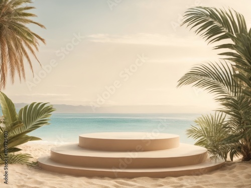 3D podium display with ocean sand beach Pastel beige background