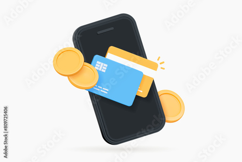 3D Phone with credit card and coins. Online payment concept. Mobile wallet application. Banking app. Transfer money Shopping with wireless pay. Cartoon creative design icon. 3D Vector illustration