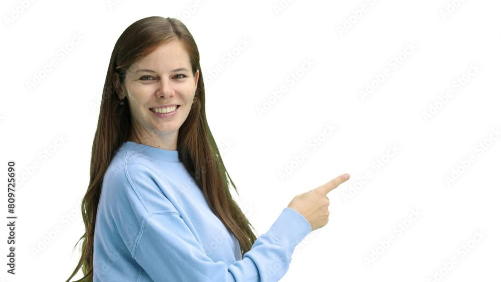 Woman, close-up, on a white background, pointing up Woman, close-up, on a white background, pointing up