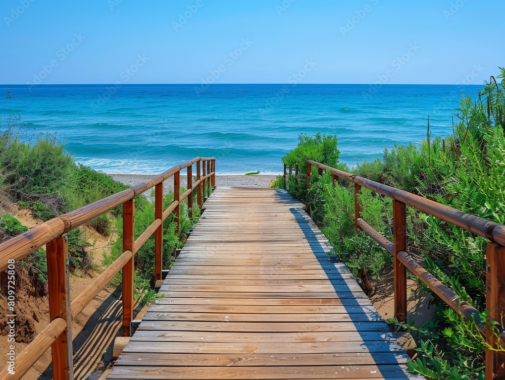 Wooden bridge on the beach, beautiful landscape and sky Wooden bridge on the beach, beautiful landscape and sky