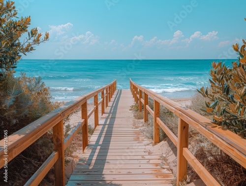 Wooden bridge on the beach  beautiful landscape and sky