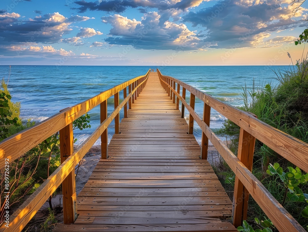 Wooden bridge on the beach, beautiful landscape and sky