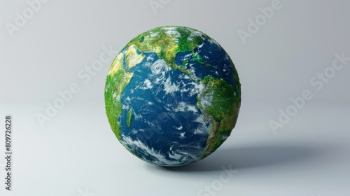 3D image of Earth highlighting the stark beauty of natural green areas and the perils posed by global warming, on a white studio background.