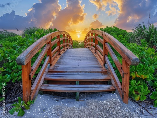 Wooden curved bridge on the beach, beautiful landscape and sky at sunrise