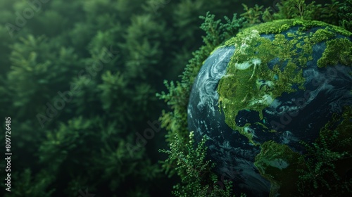 3D rendering of Earth emphasizing vibrant green forests on a deep black studio background, focusing on the 'Save the World' initiative.