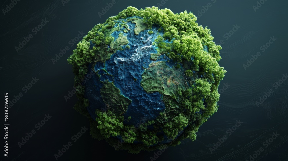 3D rendering of Earth showing thriving green forests with visual effects symbolizing CO2 absorption, dramatically presented on a black studio background. 3D rendering of Earth showing thriving green forests with visual effects symbolizing CO2 absorption, dramatically presented on a black studio background.