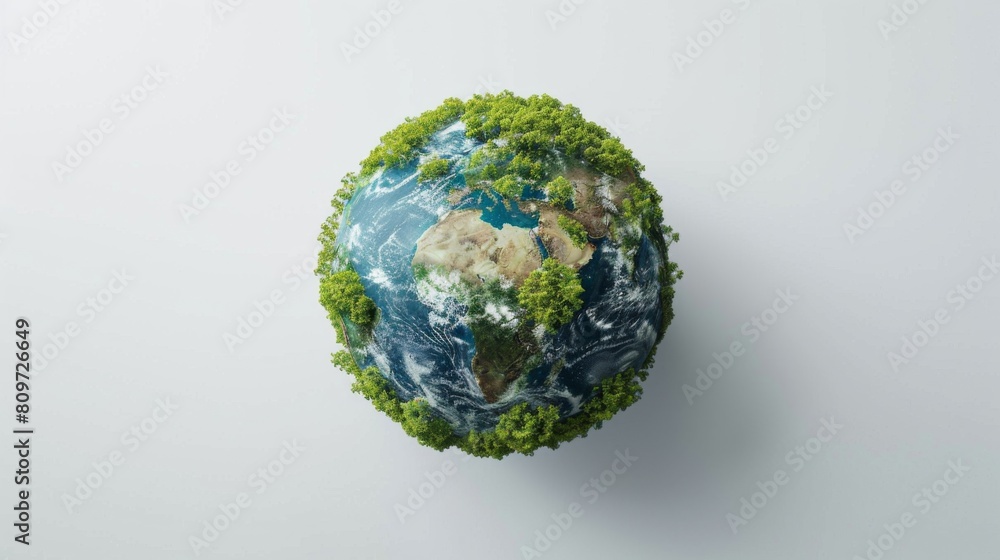 Fototapeta premium 3D rendering of Earth with a focus on lush green forests and the effects of global warming, on a white studio background.