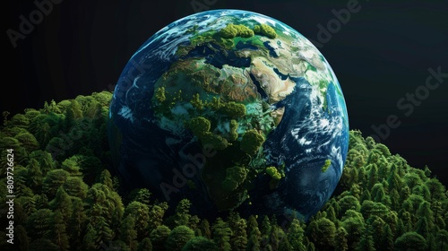 3D rendering of Earth showing thriving green forests with visual effects symbolizing CO2 absorption, dramatically presented on a black studio background. © G.Go