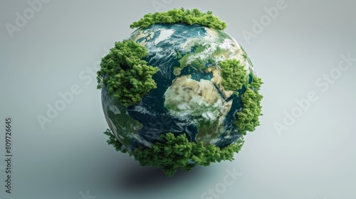 3D rendering of Earth with a focus on lush green forests and the effects of global warming  on a white studio background.
