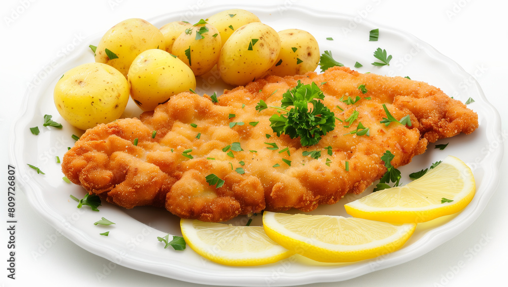 Delicious authentic breaded and deep-fried Wiener schnitzel served with lemon and boiled potatoes with parsley on a a plate
Delicious authentic breaded and deep-fried Wiener schnitzel served with lemon and boiled potatoes with parsley on a a plate