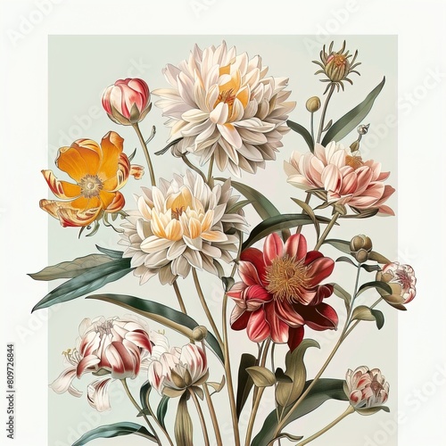 Pale pink and white peonies  springtime floral arrangement. Beautiful anemones and peony flowers on beige background. Beautiful bouquet of flowers  detailed botanical illustration.