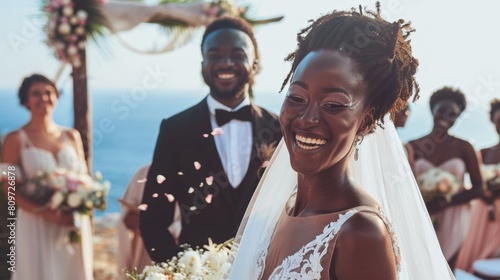 A beautiful bride in a white wedding dress and a handsome groom in a traditional black suit walking down the aisle together with happy multiethnic and diverse friends in an outdoor ceremony setting photo