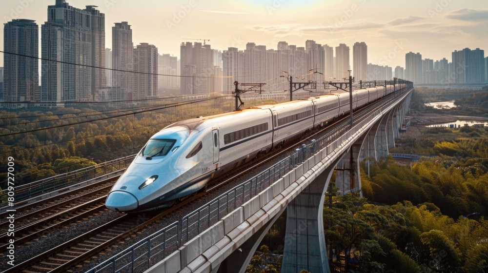 Naklejka premium high-speed train crossing an international border, with customs agents visible, conducting a security check.