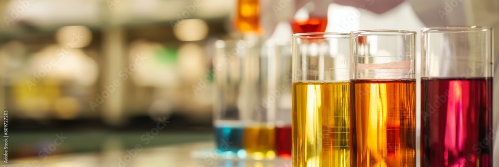 Vibrant liquids in various test tubes alignment in a scientific laboratory showcasing research chemistry Vibrant liquids in various test tubes alignment in a scientific laboratory showcasing research chemistry