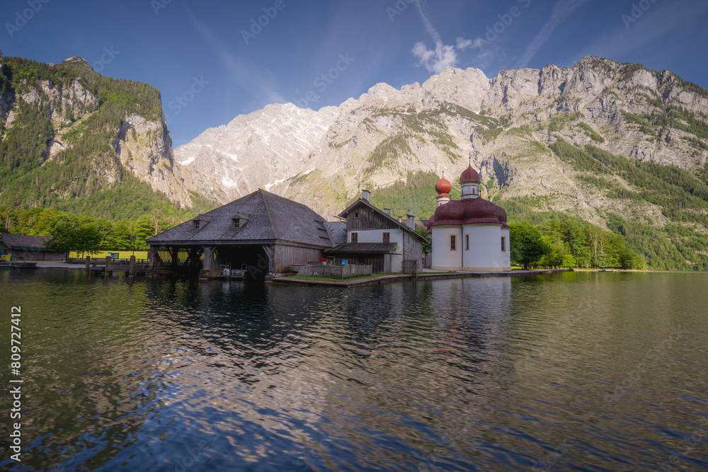 Sankt Bartholoma vor dem Watzmann on Konigsee lake in Berchtesgaden Alps Germany Sankt Bartholoma vor dem Watzmann on Konigsee lake in Berchtesgaden Alps Germany