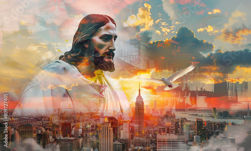 Double exposure art of Jesus Christ, flying dove and cityscape