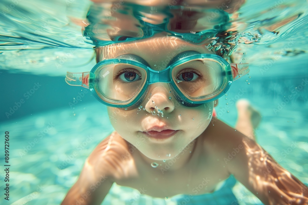  Young child enjoying pool time with swim goggles