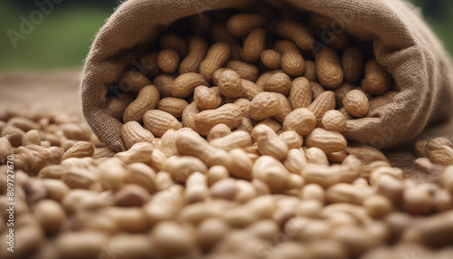 Peanuts in jute sack bag, background is peanut farm, roasted peanuts are poured and overturned 