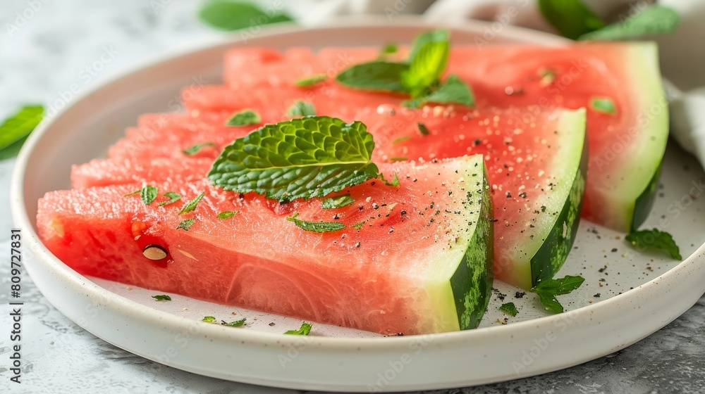 fruit platter, fresh watermelon wedges topped with mint leaves on a white plate, a deliciously cool summer snack suggestion fruit platter, fresh watermelon wedges topped with mint leaves on a white plate, a deliciously cool summer snack suggestion