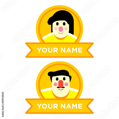happy cute girl and boy name tag, labels and stickers. Vector yellow set.