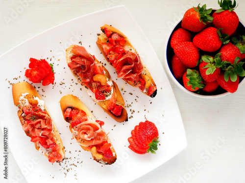 Appetizing Bruschetta with Jamon and Spicy Strawberries