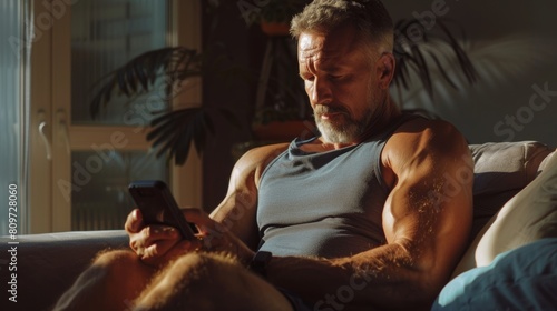 Fitness Fit Middle Aged Man Using Smartphone Between Workouts in Sunny Apartment. Lifestyle, Fitness, Recreation, Wellbeing, Retirement, Healthy Lifestyle.