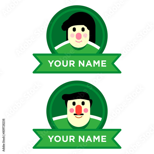 happy cute girl and boy name tag, labels and stickers. Vector green set.