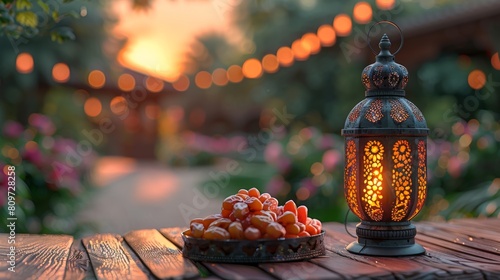 Lightened lantern and dates fruit on wooden table over dark background Ramadan Kareem Arabic ilsamic celebration