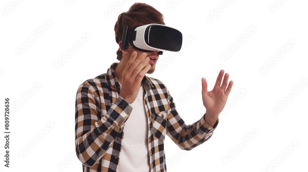 A young man experiencing virtual reality eyeglasses headset isolated on a transparent background A young man experiencing virtual reality eyeglasses headset isolated on a transparent background