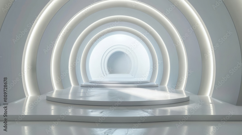 Obraz premium White round tunnel podium abstract background. Light reflection stage. 3d render 