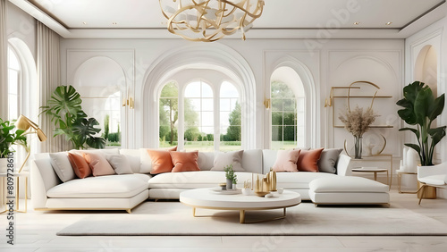 This luxurious living room combines modern comfort with classic architecture  featuring large windows and elegant furniture