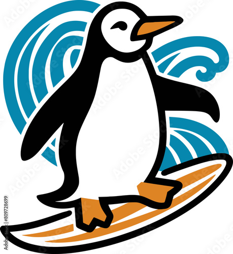 penguin riding a surfboard flat vector illustration