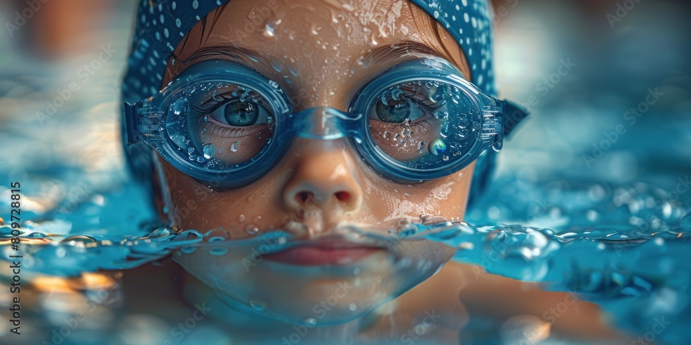 A little girl wearing glasses, enjoying summer in a pool