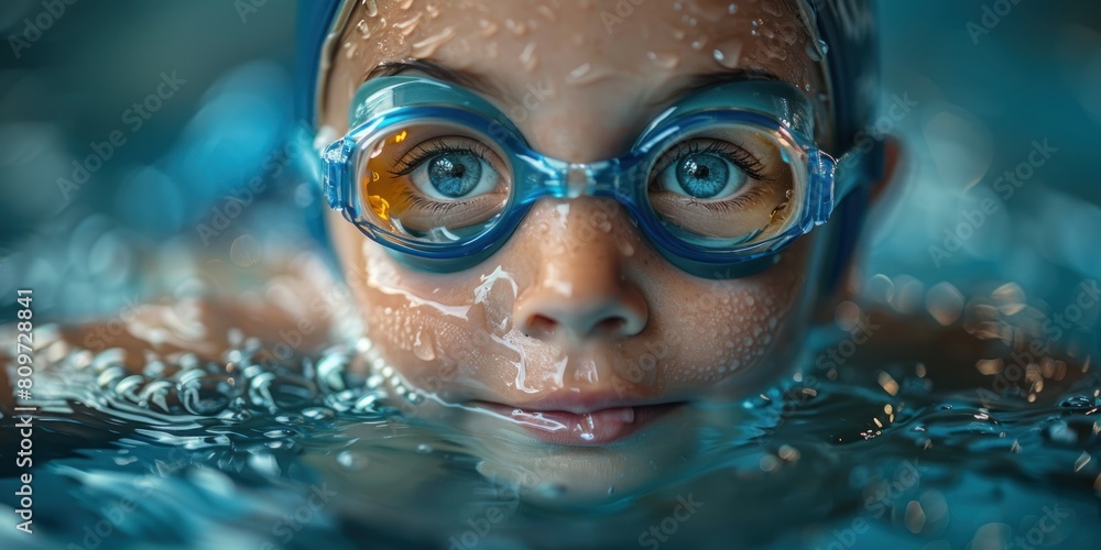 A little girl wearing glasses, enjoying summer in a pool