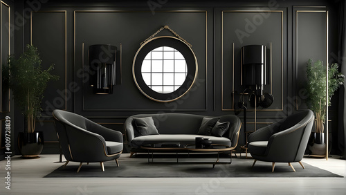 A high-end living room with black walls, sophisticated furniture, and a round, decorative mirror