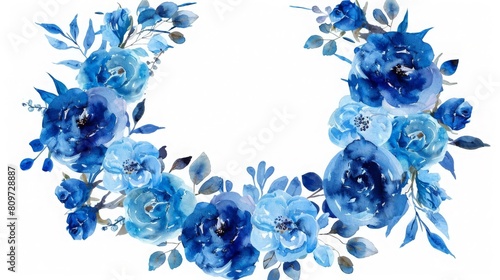 Wreaths  floral frames  watercolor flowers blue roses  Illustration hand painted. Isolated on white background. Perfectly for greeting card design