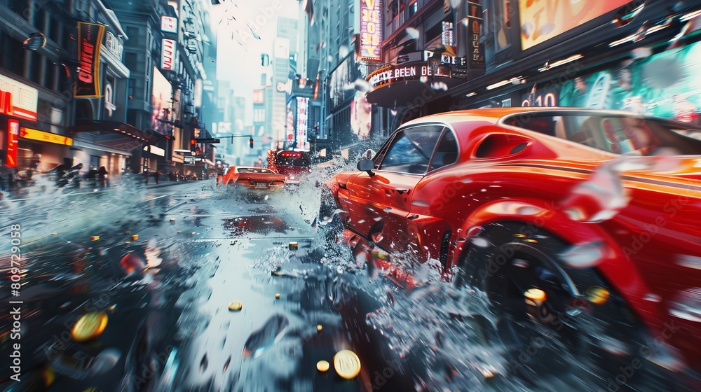 Video game of off-road racing set in a chaotic city with computer generated 3D renderings of fast cars drifting and collecting coins in third-person view. Video game of off-road racing set in a chaotic city with computer generated 3D renderings of fast cars drifting and collecting coins in third-person view.