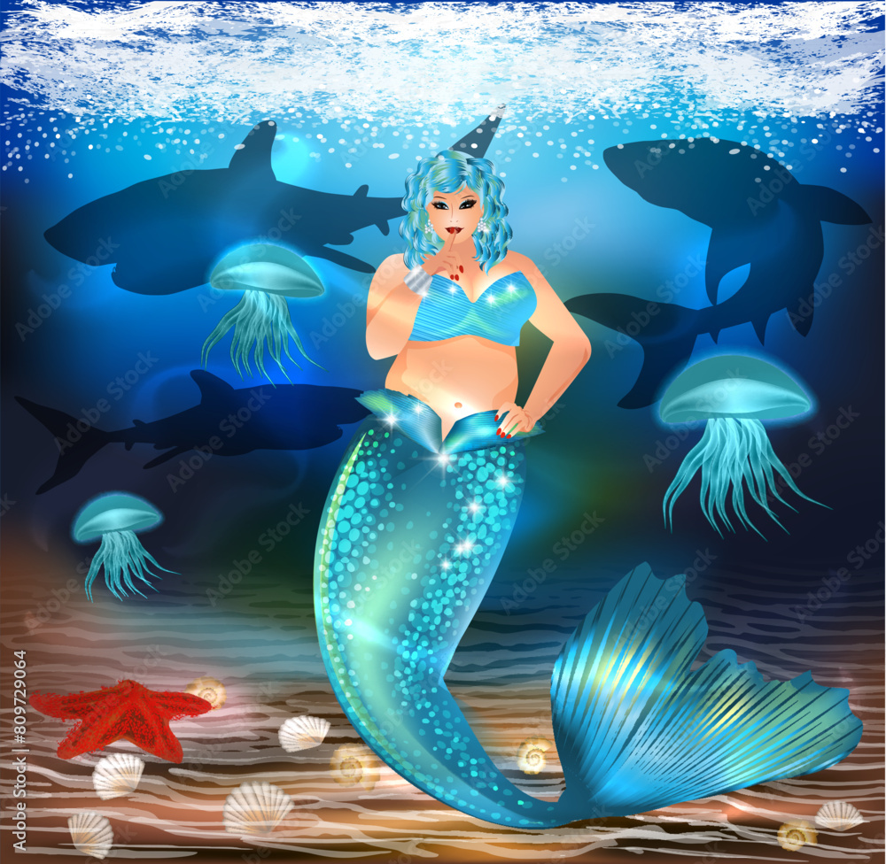 Cute Underwater card, Plus size Mermaid XXL, vector illustration