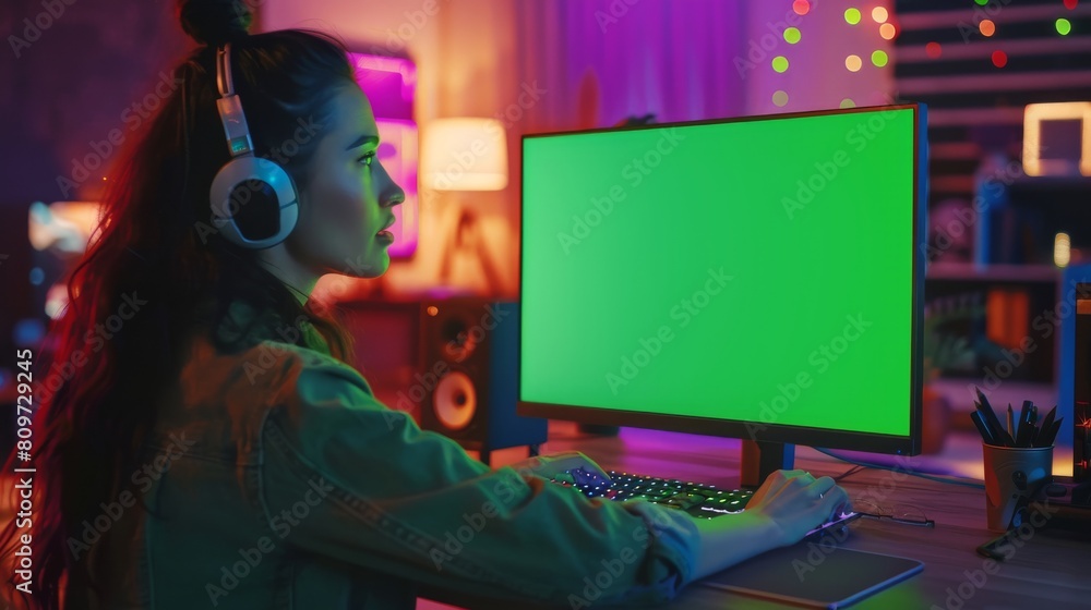 Designer using desktop computer with green screen chroma key monitor. Remote Access Manager listening to music or podcast with headphones. Freelancer working at night. Into the Window shot. Designer using desktop computer with green screen chroma key monitor. Remote Access Manager listening to music or podcast with headphones. Freelancer working at night. Into the Window shot.