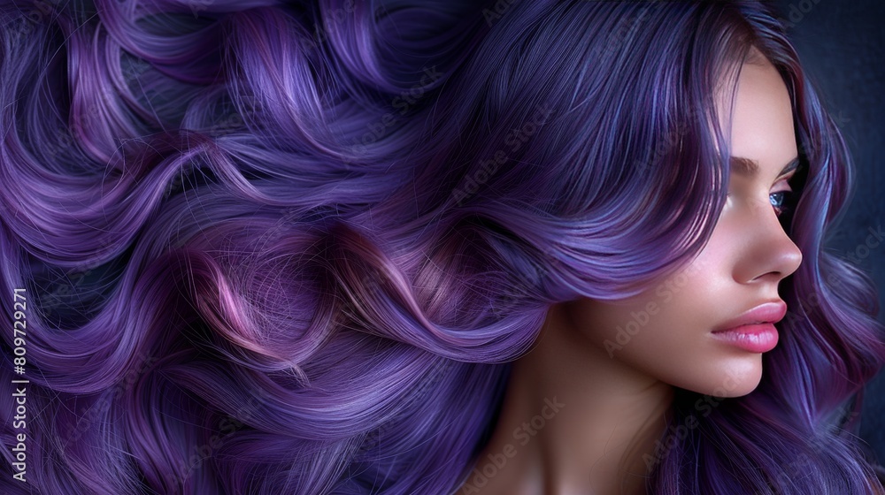 Purple hair close-up as a background. Women's long smokey purple hair. Purple hair close-up as a background. Women's long smokey purple hair.