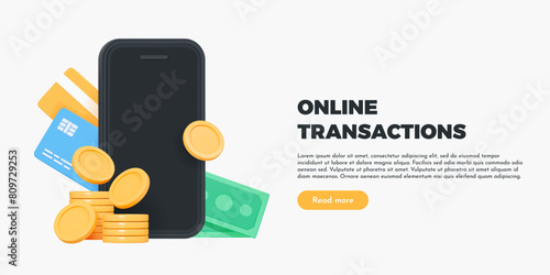 3D Online payment concept. Phone with stack of coins, paper money and credit cards. Banking app. Mobile transactions. Money transfer. Refund and cashback. Cartoon design banner. 3D Vector illustration
