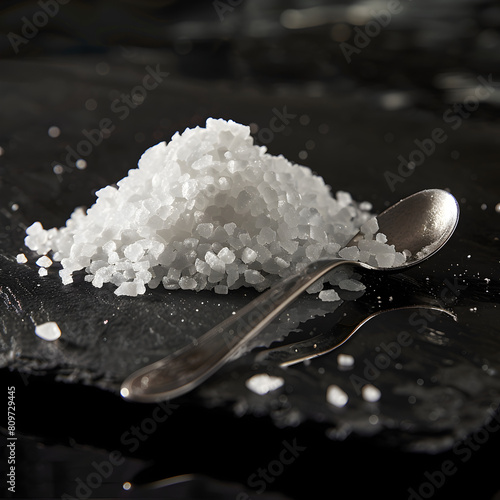 Still life of a small pile of salt on a black table. (ID: 809729445)