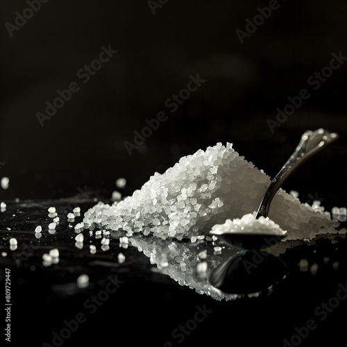Still life of a small pile of salt on a black table. (ID: 809729447)