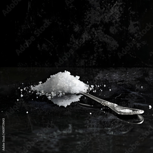 Still life of a small pile of salt on a black table. (ID: 809729643)