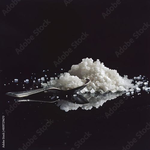 Still life of a small pile of salt on a black table. (ID: 809729670)