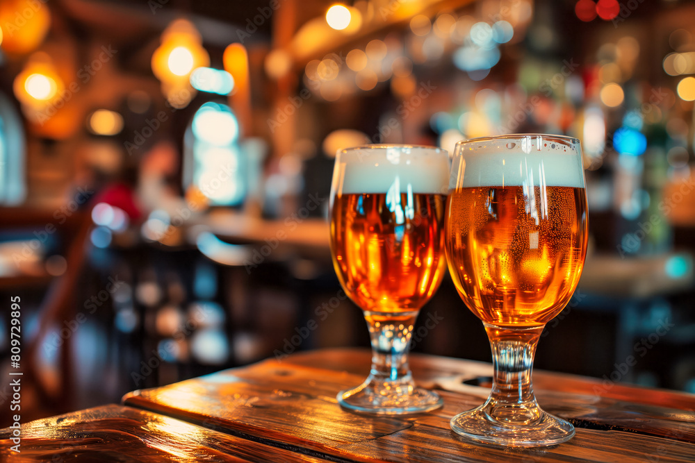 Two glasses of beer on a table in a bar Two glasses of beer on a table in a bar