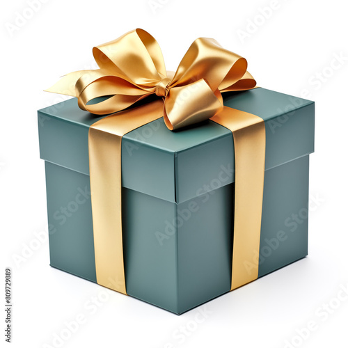 A green box with gold ribbon on top