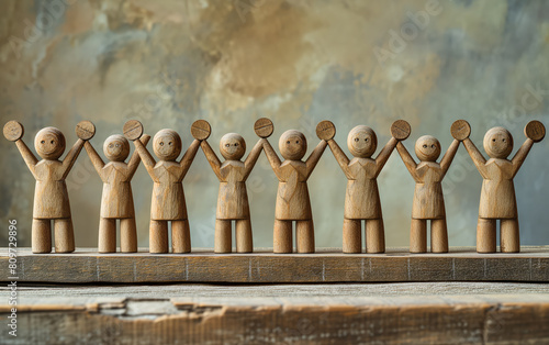 A group of wooden figures are holding hands in a row