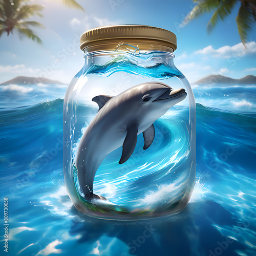 Dolphins Jumping in Glass Bottles Against the Background of the Blue Sea with Waves on a Clear and Sunny Day
